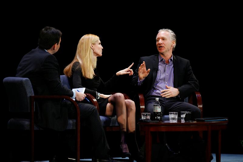Ann Coulter and Bill Maher pointing at each other