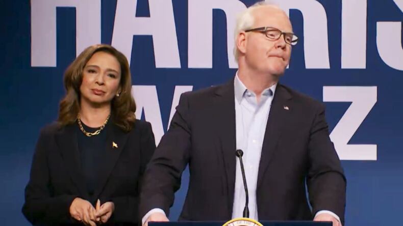 The SNL version of Kamala Harris (played by a returning Maya Rudolph) introduces her supporters to Tim Walz, played by Jim Gaffigan.