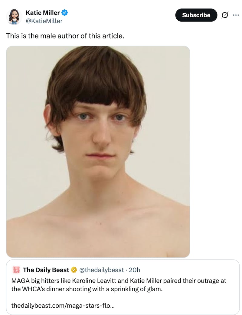 Screengrab of Katie Miller's X post.