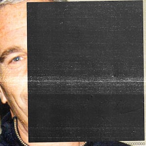Jeffrey Epstein peeks out from behind a redacted box in The Epstein Files.
