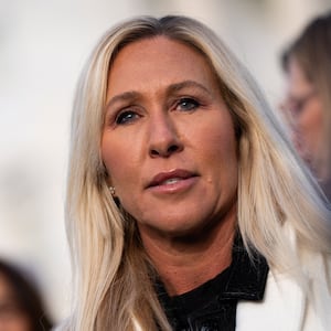 WASHINGTON, DC - NOVEMBER 18: Rep. Marjorie Taylor Greene, pictured, R-Ga, Rep. Ro Khanna, D-Calif., and Rep. Thomas Massie, R-Ky held a press conference outside the U.S. Capitol, on Tuesday, November 18, 2025, with victims of convicted sex offender Jeffrey Epstein as the House prepares to vote to release records related to him. Sarah L. Voisin/The Washington Post via Getty Images)