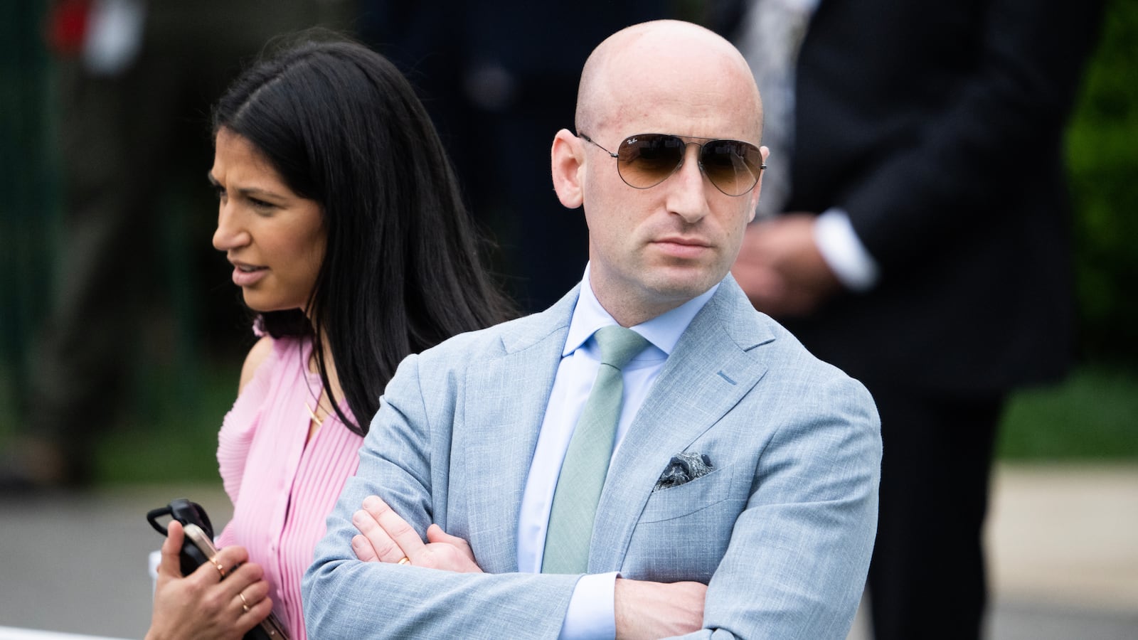 Stephen Miller, White House deputy chief of staff, and his wife, Katie Miller, an aide for DOGE, attend the White House Easter Egg Roll