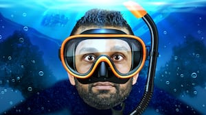 A photo illo illustration of Kash Patel snorkeling underwater at the Pearl Harbor Memorial.