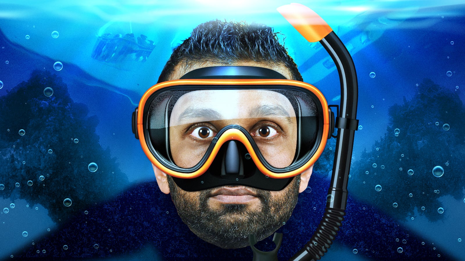 A photo illo illustration of Kash Patel snorkeling underwater at the Pearl Harbor Memorial.
