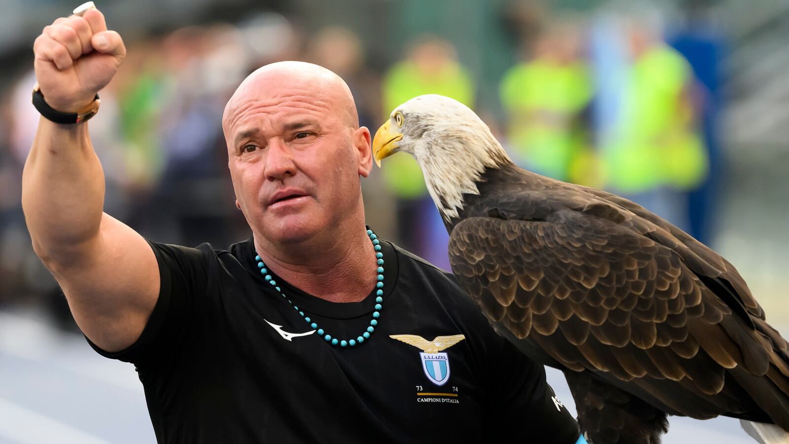 Juan Bernabe, eagle trainer, and the Lazio mascot Olimpia, during the Serie A football match between SS Lazio and Genoa CFC. Lazio won 3-0 over Genoa.