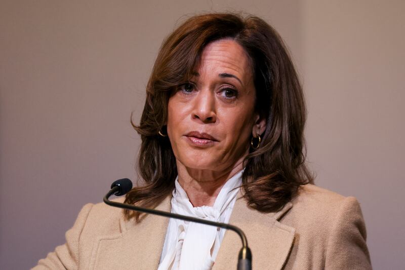 Former Vice President Kamala Harris speaks at the Leading Women Defined Summit at the Ritz-Carlton on Thursday, April 3, 2025 in Dana Point, CA.