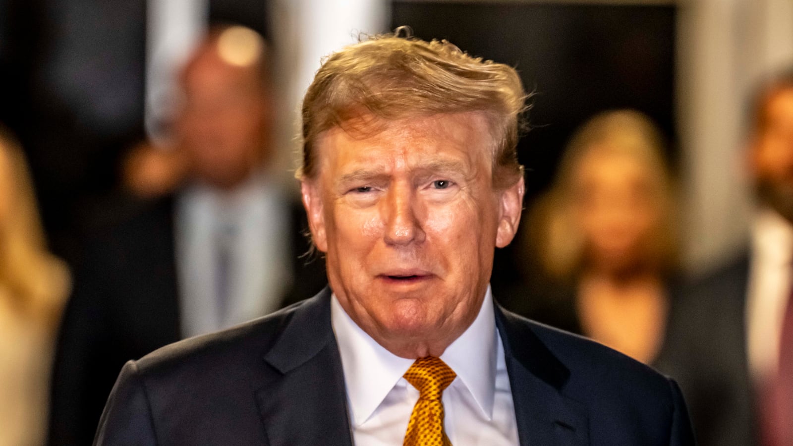 Former U.S. President Donald Trump speaks after lunch for his trial for allegedly covering up hush money payments at Manhattan Criminal Court on May 21, 2024 in New York City.