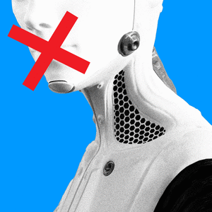 A gif of a black and white robot with a red x flashing across its mouth.
