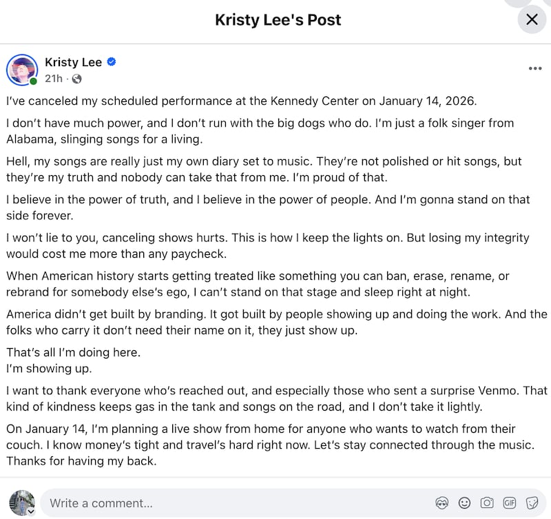 As of publication, the independent folk singer received nearly 300,000 likes on her Facebook post, compared to her 42,000 followers.