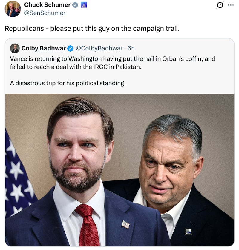 Chuck Schumer shares an anti-JD Vance post.