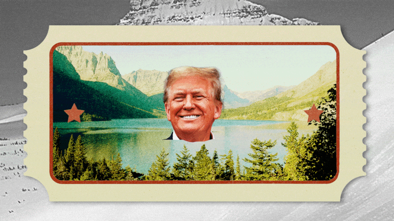 Donald Trump coming out of the water inside a ticket showing Glacier National Park