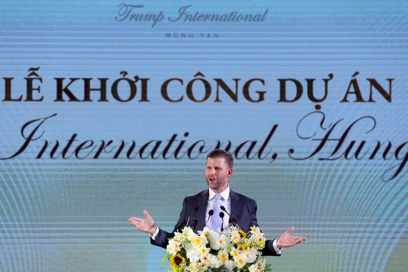 Eric Trump, son of US President Donald Trump, makes a speech during the groundbreaking ceremony for the Trump International, Hung Yen resort and golf course project in Hung Yen province on May 21, 2025.