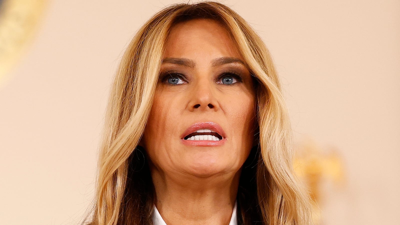 First lady Melania Trump departs after delivering a statement in the Grand Foyer at the White House on October 10, 2025 in Washington, DC.