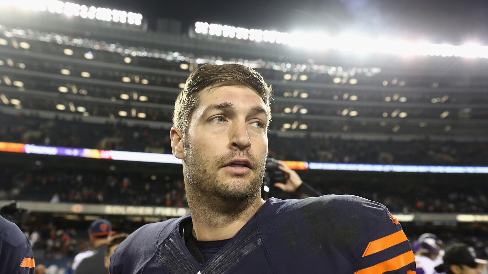 Jay Cutler of the Chicago Bears reacts after the Chicago Bears defeated the Minnesota Vikings at Soldier Field on October 31, 2016 in Chicago, Illinois.