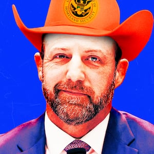 A photo illustration of Sen. Markwayne Mullin wearing a cowboy hat with an DHS logo on it.