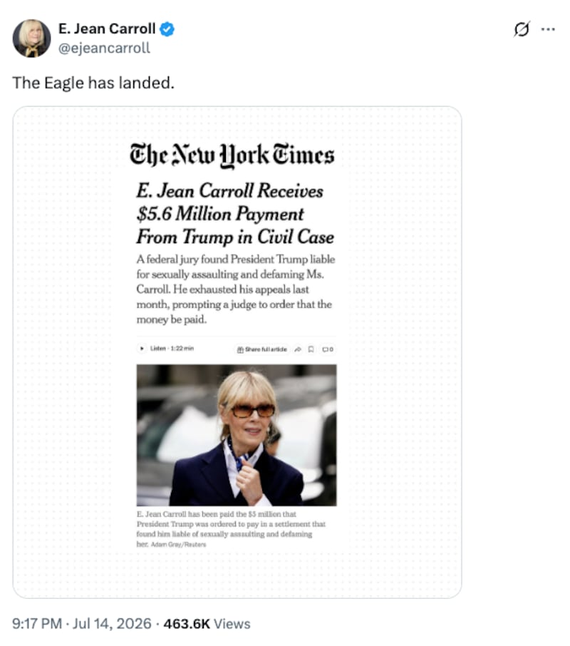 E. Jean Carroll's X.com post celebrating her payment from President Trump.