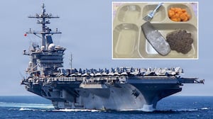 A photo composite of the USS Abraham Lincoln and images of the food being served on board during deployment.