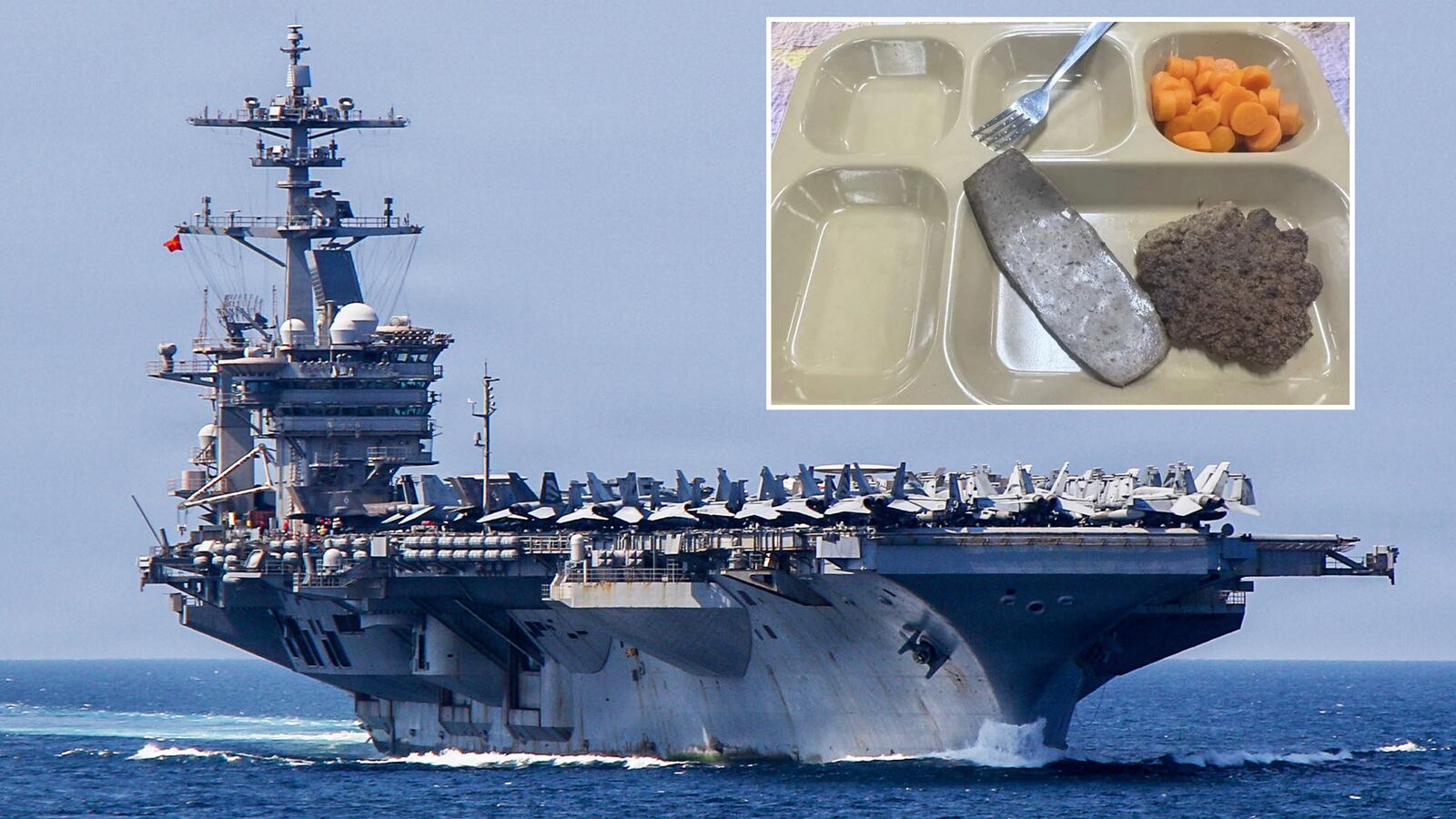 A photo composite of the USS Abraham Lincoln and images of the food being served on board during deployment.