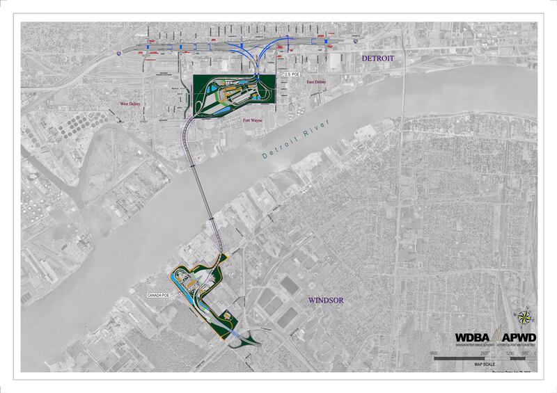 Map showing the location of the future Gordie Howe International Bridge connecting Detroit, Michigan, USA to Windsor, Ontario, Canada.