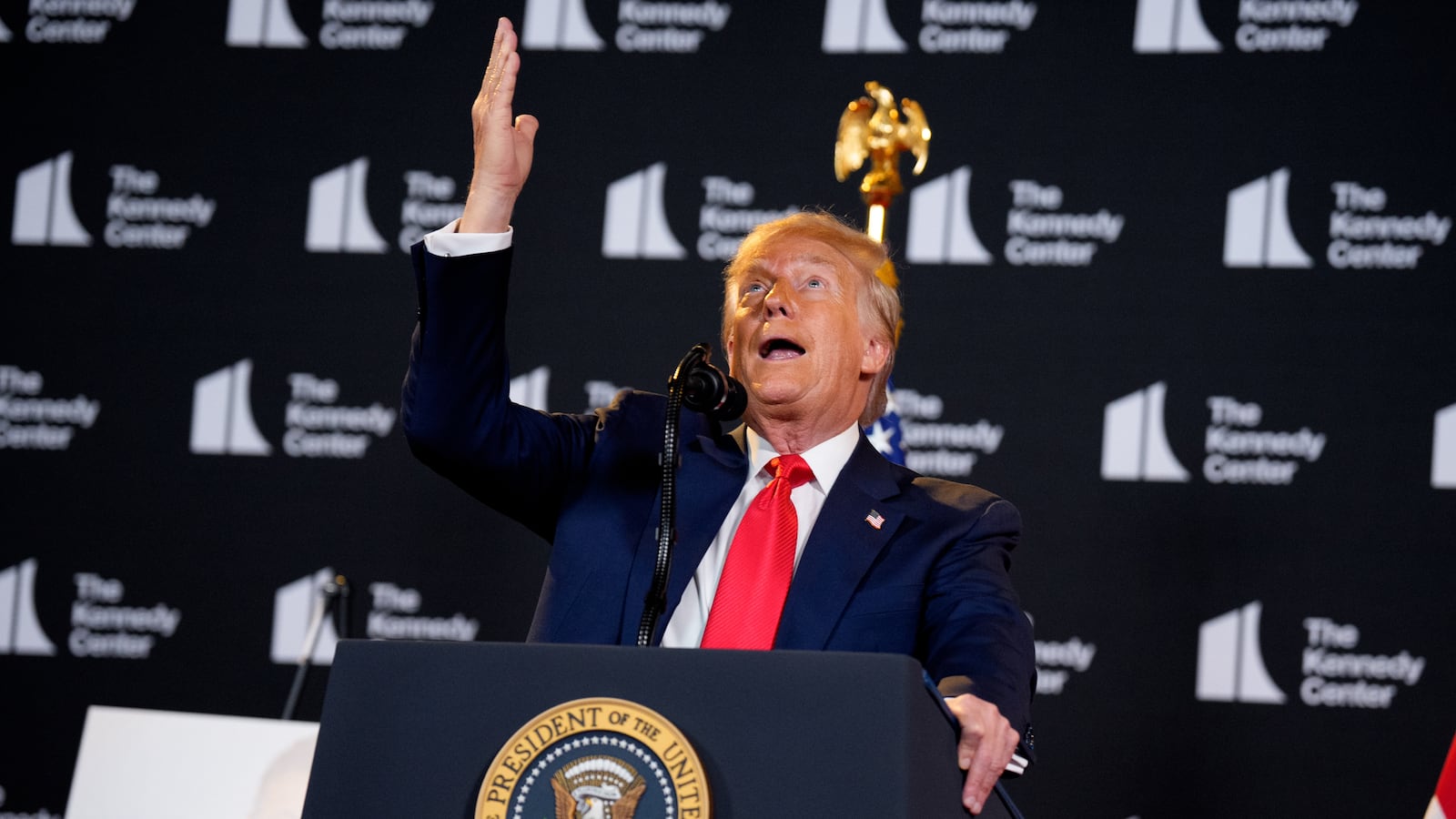 WASHINGTON, DC - AUGUST 13: U.S. President Donald Trump gestures while speaking at an event at the Kennedy Center on August 13, 2025 in Washington, DC. Trump announced the first nominees of the annual Kennedy Center Honors since taking control of the center's board earlier this year. (Photo by Andrew Harnik/Getty Images)