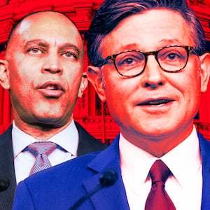 A photo illustration of Hakeem Jeffries and Mike Johnson in front of the Capitol building.