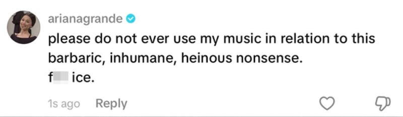 Ariana Grande's comment has since disappeared from the White House TikTok account.