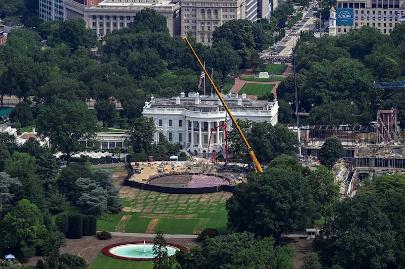 Construction continues on the planned White House ballroom where the East Wing one stood in Washington, D.C., U.S., July 11, 2026. REUTERS/Daniel Heuer