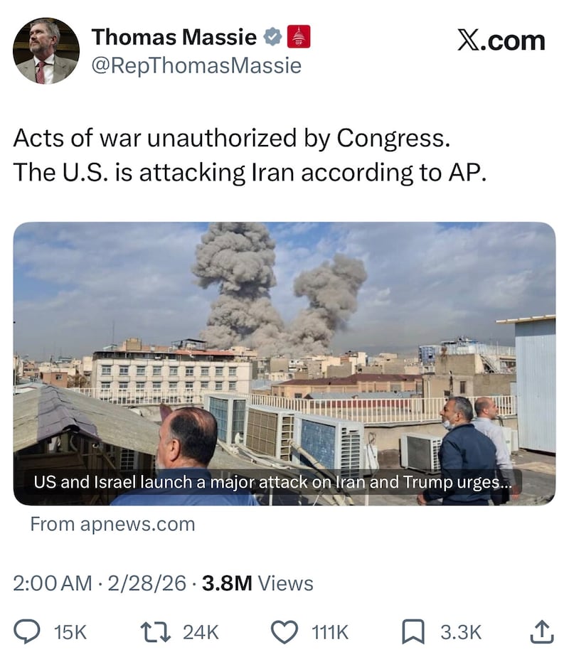 Thomas Massie's X post included credible reporting about the attack from the Associated Press.