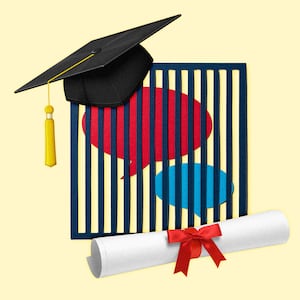 A photo illustration of a college cap, diploma, and speech bubbles in a cage.