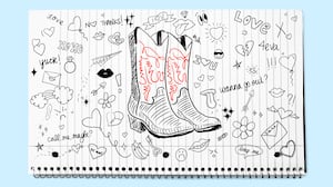 Photo illustration of a lined notebook with high school doodles about love drawn and cowboy boots