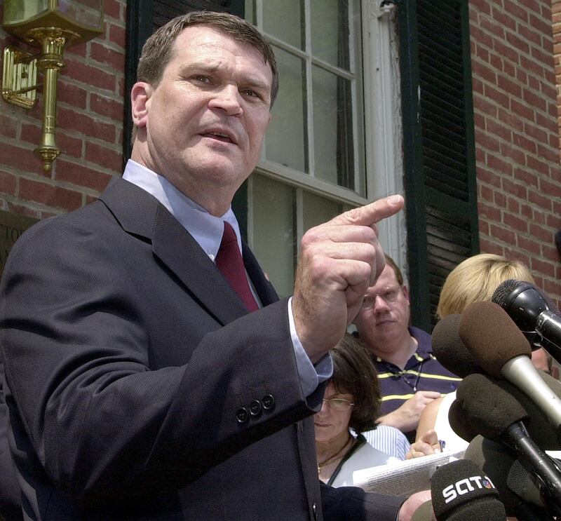 Former US Army bio-scientist Steven Hatfill speaking outside his attorney's office in August 2002 in Alexandria, Virginia as he was being investigated by the FBI for the 2001 deadly anthrax mailings. He was officially exonerated in 2008.