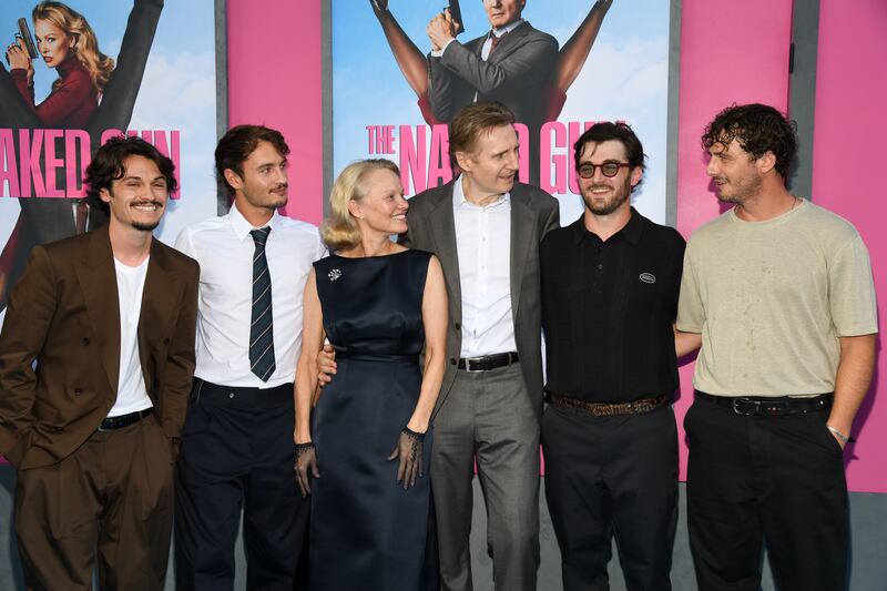 Dylan Jagger Lee, Brandon Thomas Lee, Pamela Anderson, Liam Neeson, Daniel Neeson, Micheál Neeson at "The Naked Gun" New York Premiere on July 28, 2025 (Photo by Kristina Bumphrey/Variety via Getty Images)