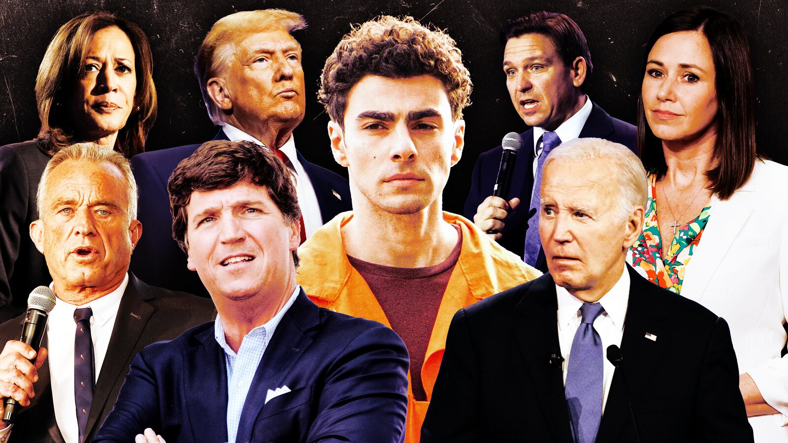 A photo illustration of Kamala Harris, Donald Trump, RFK Jr., Tucker Carlson, Luigi Mangione, Joe Biden, Ron Desantis, and Katie Britt.
