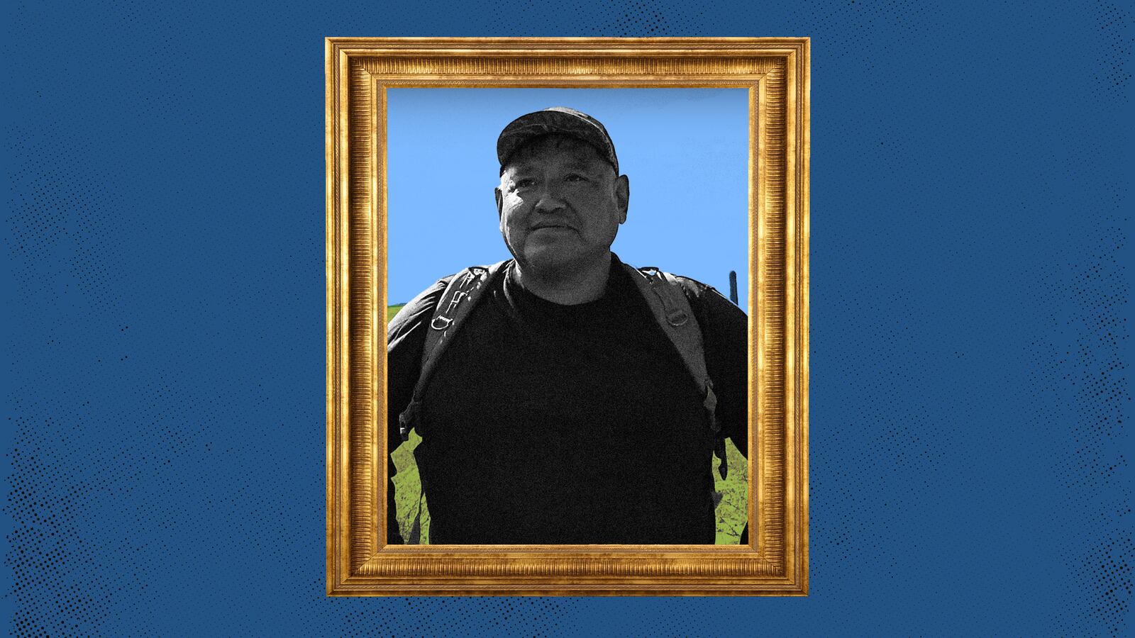 Photo illustration of Raymond Mattia in a gold frame on a blue background