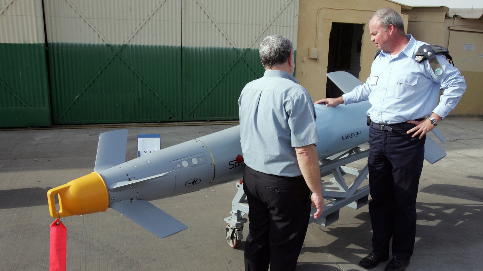 An Israeli Air Force Mk 84 Bomb Spice 2000 by Rafael is presented to journalists at the Tel Nof Air Force base