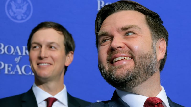 (L-R) Jared Kushner, U.S. Vice President JD Vance, and U.S. Secretary of State Marco Rubio listen as U.S. President Donald Trump speaks during the inaugural meeting of the Board of Peace at the Donald J. Trump Institute of Peace on February 19, 2026 in Washington, DC.