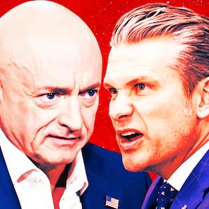 A photo illustration of Sen. Mark Kelly and Pete Hegseth.