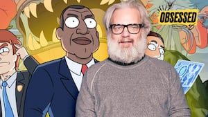 A photo illo illustration of President Curtis and Dan Harmon for the Obsessed Podcast.