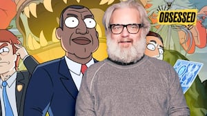 A photo illo illustration of President Curtis and Dan Harmon for the Obsessed Podcast.