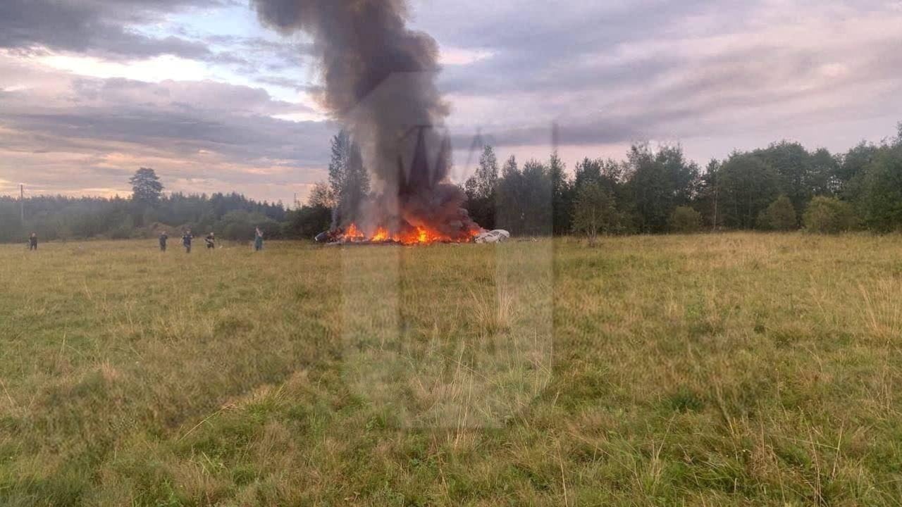 A view shows plane wreckage on fire following an alleged air accident at a location given as Tver region, Russia.