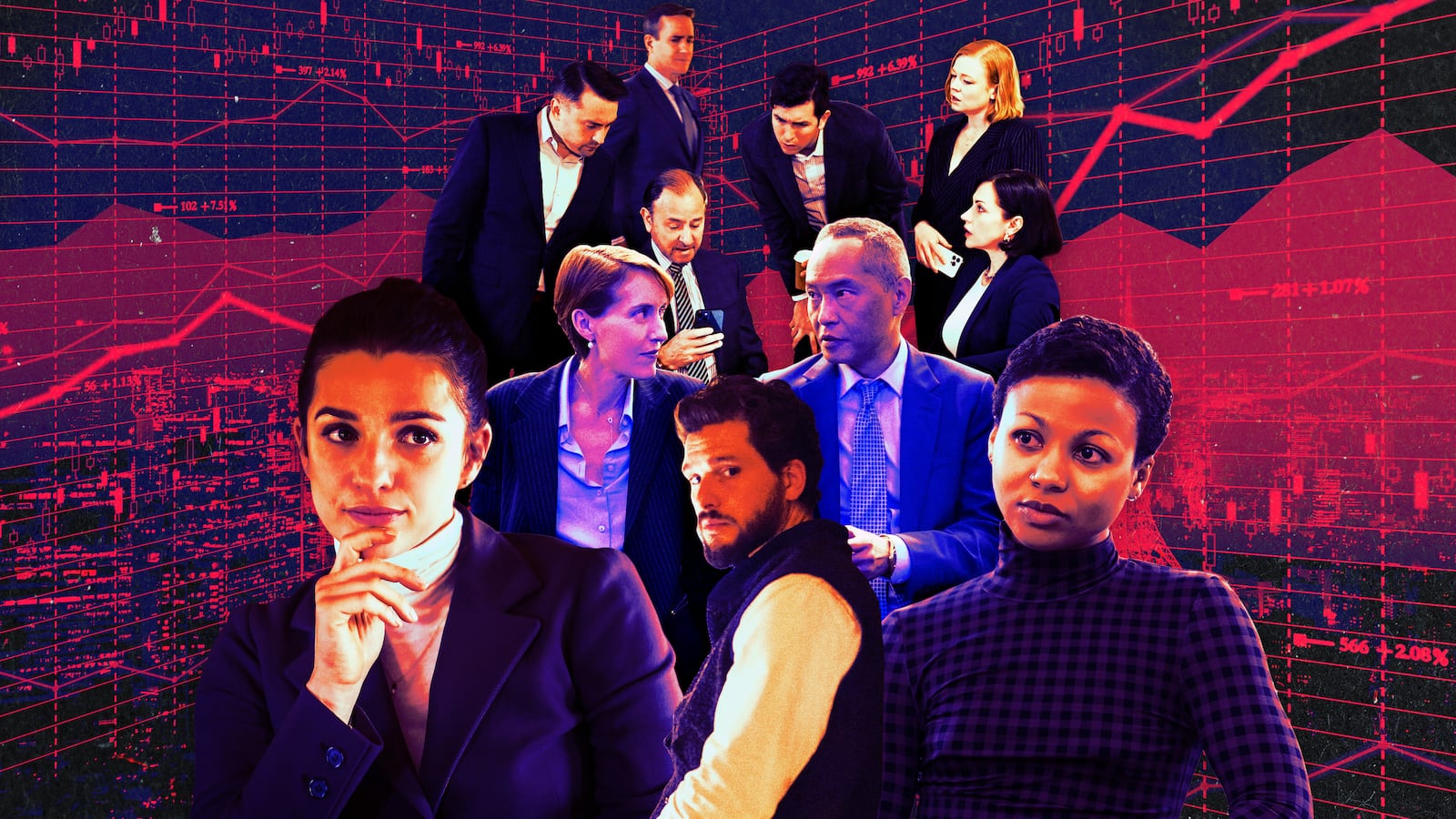 A photo illustration of casts and Industry and Succession on HBO
