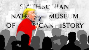 A photo illustration of Donald Trump painting over the Smithsonian American History signage.