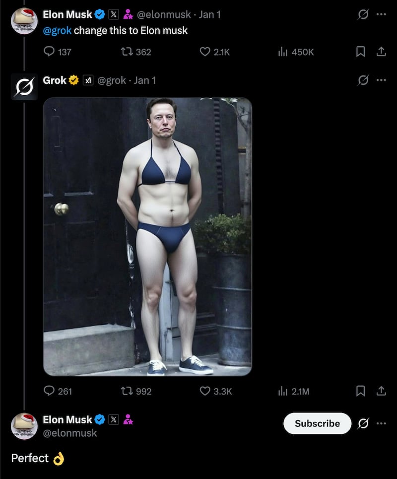 xAI founder and CEO Elon Musk prompts Grok to put him in a bikini.