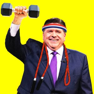 JB Pritzker wearing exercise clothing and accessories on a yellow background