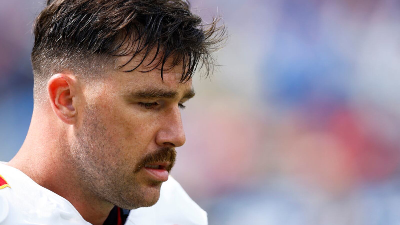 Travis Kelce of the Kansas City Chiefs looks on during the first half against the Los Angeles Chargers.