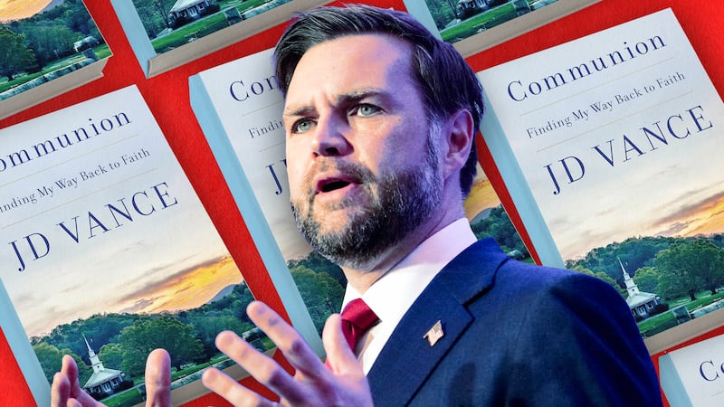 A photo illo illustration of JD Vance and his new book Communion: Finding My Way Back to Faith.