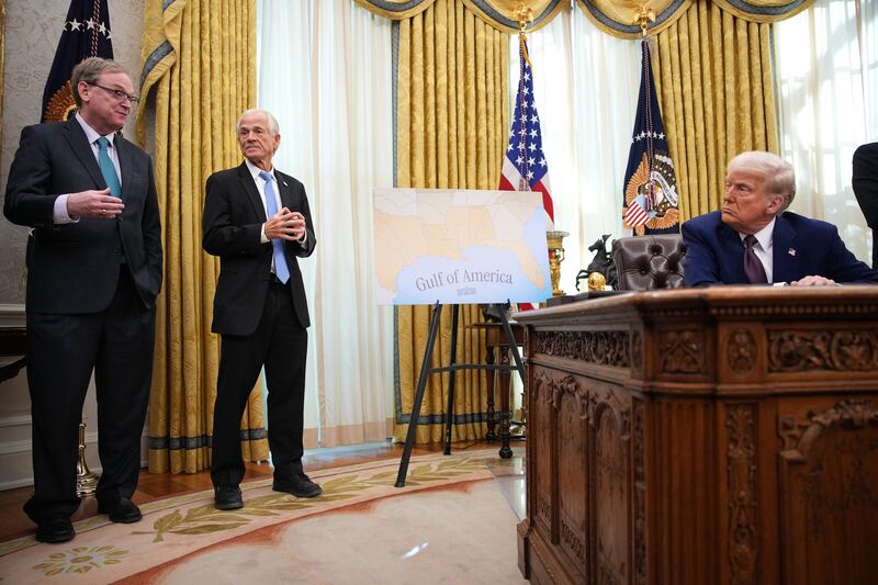 Director of the National Economic Council Kevin Hassett, joined by trade advisor Peter Navarro and U.S. President Donald Trump, speaks after Trump signed an executive order on reciprocal tariffs in the Oval Office.