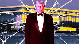 A photo illustration of Donald Trump in front the Kennedy Center.