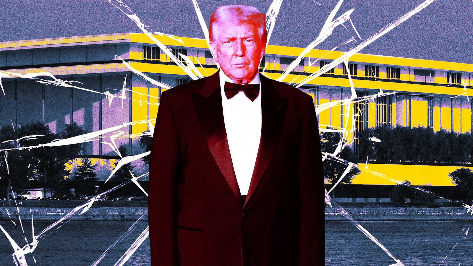 A photo illustration of Donald Trump in front the Kennedy Center.