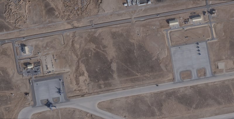 Satellite image shows Boeing C-17 Globemaster III, C-130 Hercules and EA-18G Growler aircraft at the Muwaffaq Salti Air Base, in Al Azraq, Jordan, February 2, 2026. 2026 PLANET LABS PBC/Handout via REUTERS THIS IMAGE HAS BEEN SUPPLIED BY A THIRD PARTY. MANDATORY CREDIT.